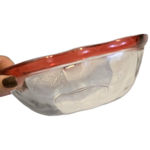 Glass Apple Bowl Red Rim Serving Dish Candy Salad Picnic Party Retro - Picture 4 of 6